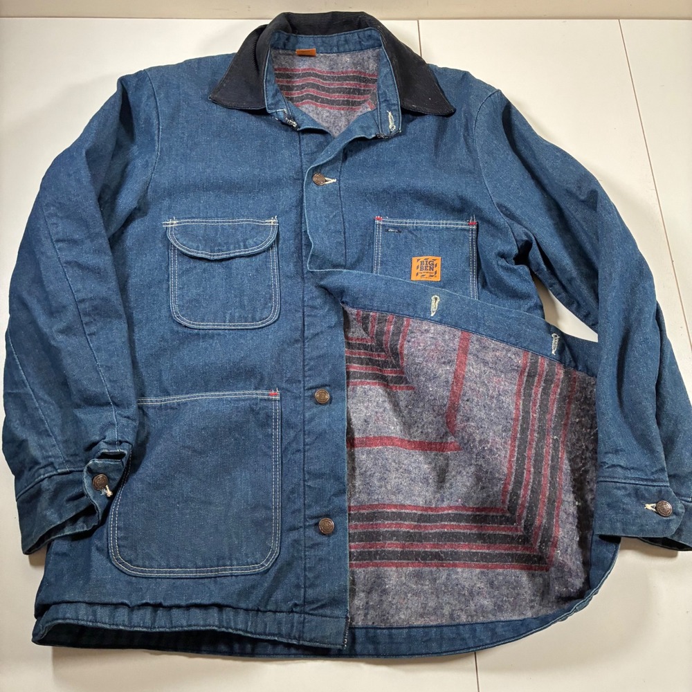 Wrangler Big Ben Denim Chore Coat L Blanket Lined Corduroy Collar Made in USA